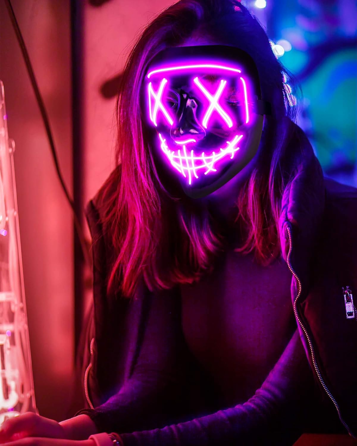 AnanBros - Maschera per Halloween, con luci a LED, maschera, per Halloween, 3 modalità di illuminazione, per cosplay e feste
