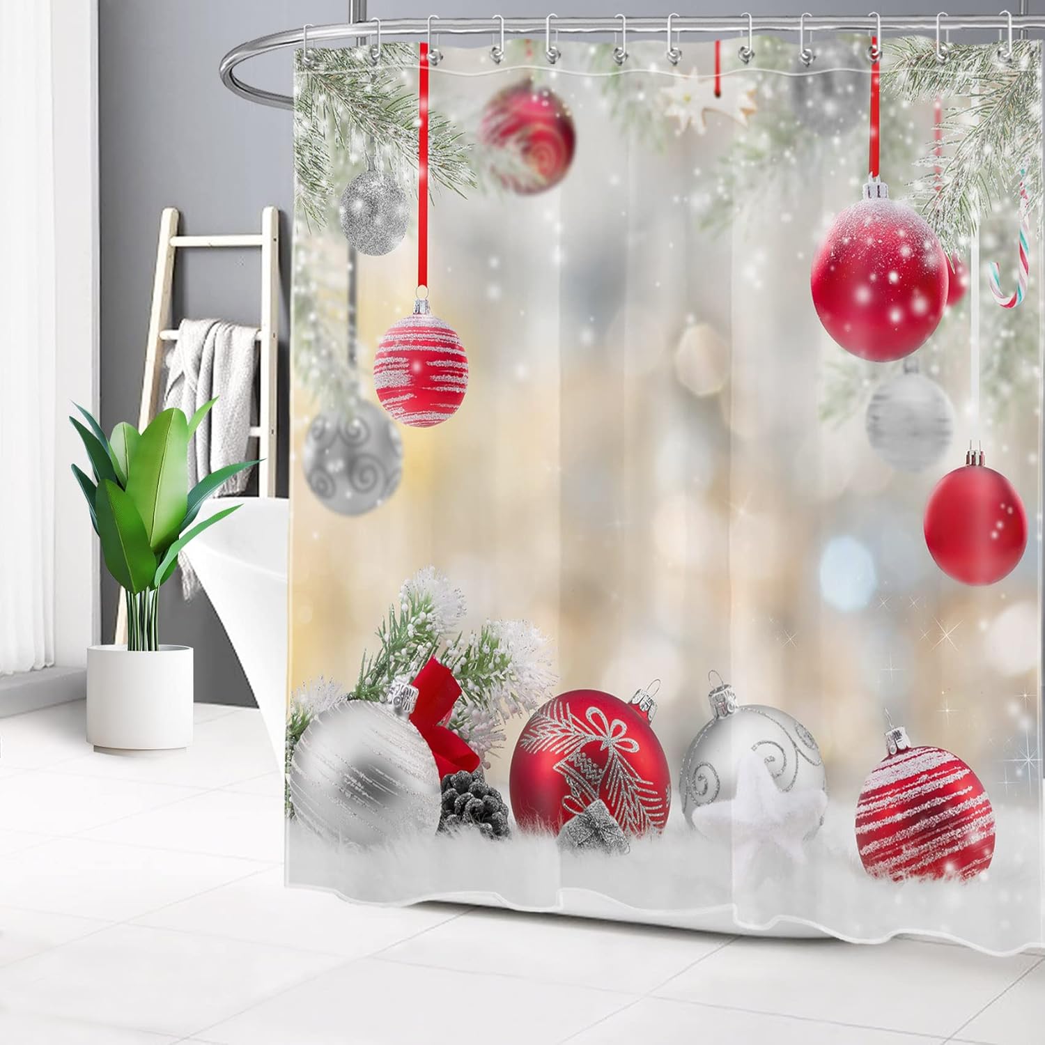 LB Christmas Shower Curtains for Bathroom Christmas Ball Shower Curtain with Hooks Snowflake Cedar Red Silvery New Year Bathroom Decorations 72x78 inch Extra Long Polyester Fabric Waterproof