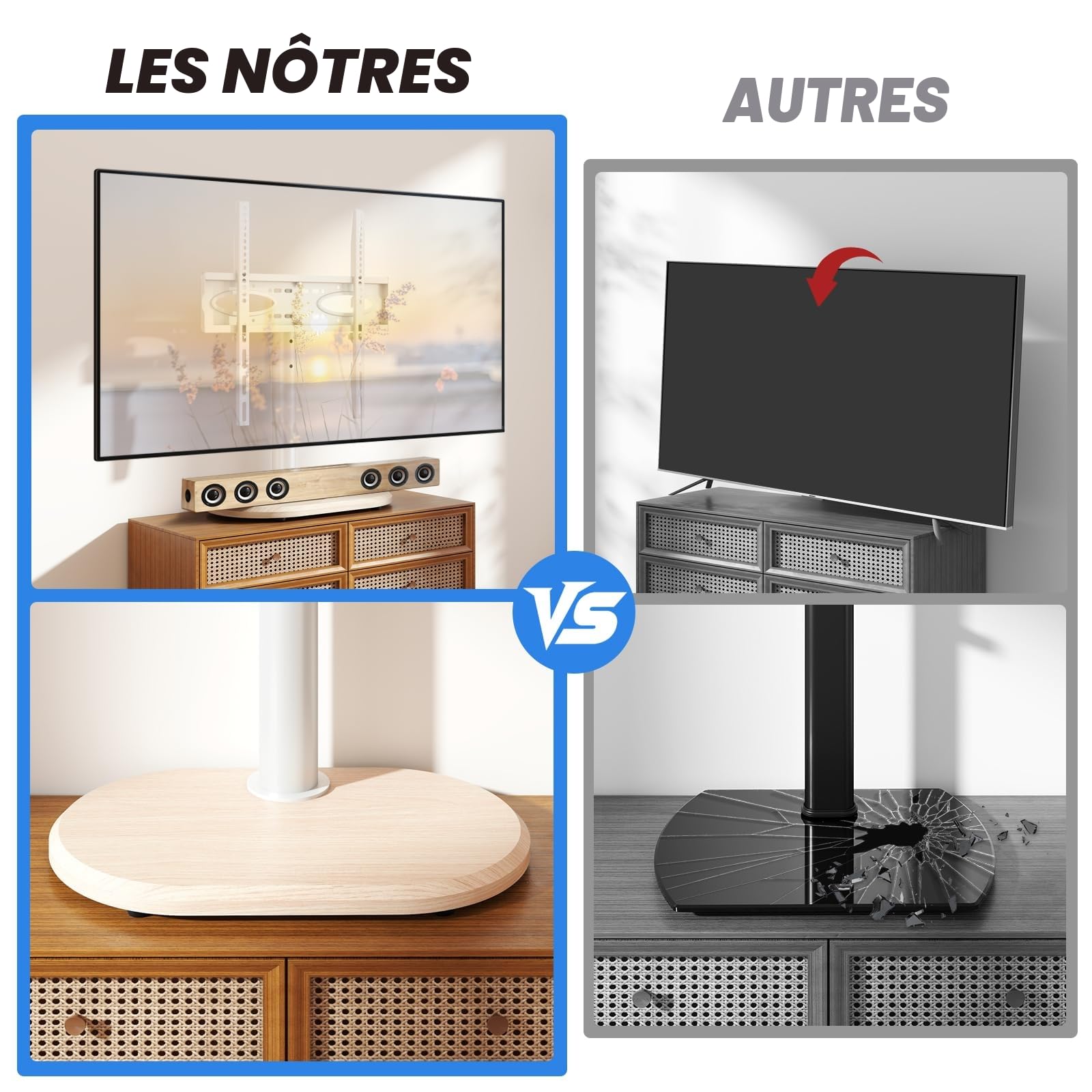 TVON Support TV sur Pied pour Téléviseurs de 26 à 55 Pouces 40kg Max | Pied de Télé Universel sur table, socle bois épais, hauteur pivotable ajustable, montage facile, Max VESA 400x400 mm