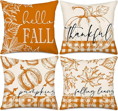 Miniatura 1 de Hello Fall - Juego de 4 fundas de almohada de 24 x 24 pulgadas, color naranja, búfalo, calabaza, hojas de arce, cosecha, decoración al aire libre,