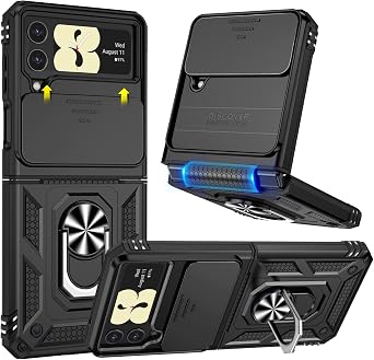 Goton for Samsung Z Flip 4 Case, Galaxy Z Flip 4 Case with Camera Cover, [Hinge Protection] & 360 Kickstand Ring Military Grade Shockproof Cover for Samsung Z Flip 4 case 2022 Black
