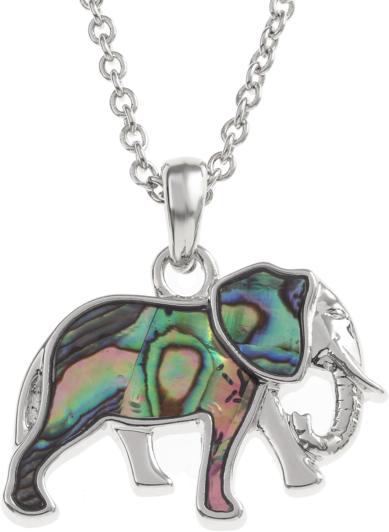 Elephant Pendant Necklace Inlaid With Natural greenish blue Paua Abalone Shell on 18" Trace Chain. Non Tarnish Plating