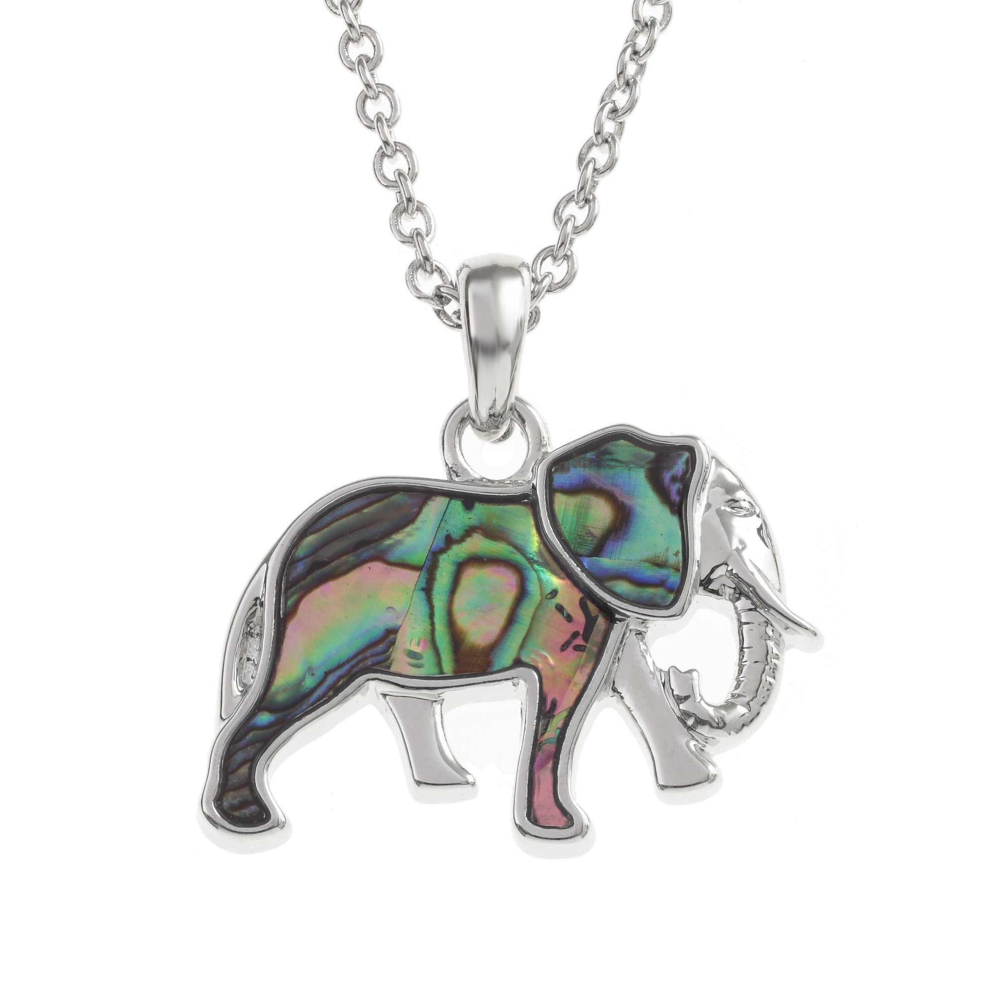 Kiara Jewellery Elephant Pendant Necklace Inlaid With Natural greenish blue Paua Abalone Shell on 18" Trace Chain. Non Tarnish Plating