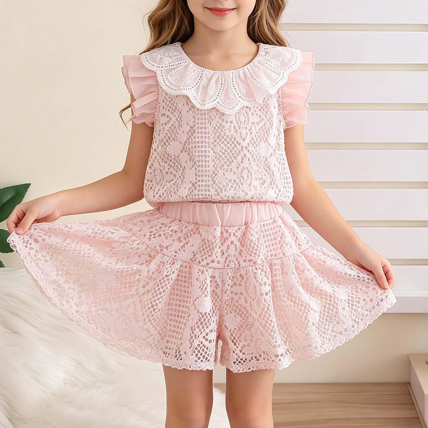 Girl's Summer Lace 2 Piece Sets Sleeveless Ruffle Trim Boho Top with Scalloped Doll Collar High Elastic Flowy Shorts