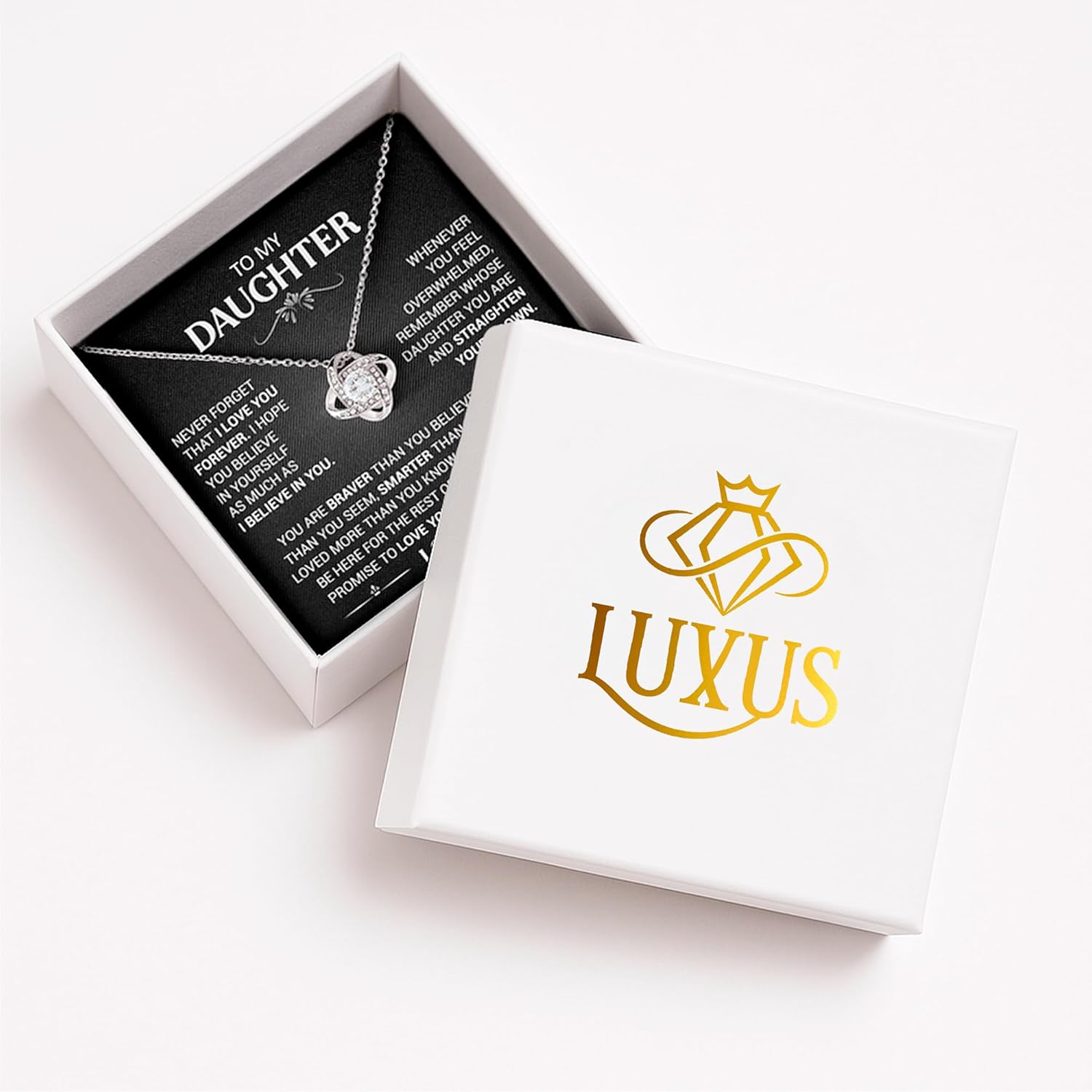 LUXUS™ Love Knot Necklace for Daughter – Inspirational 18K White Gold Finish, Thoughtful Gift from Mom & Dad, Birthday, Graduation & Christmas Jewelry - Image 2