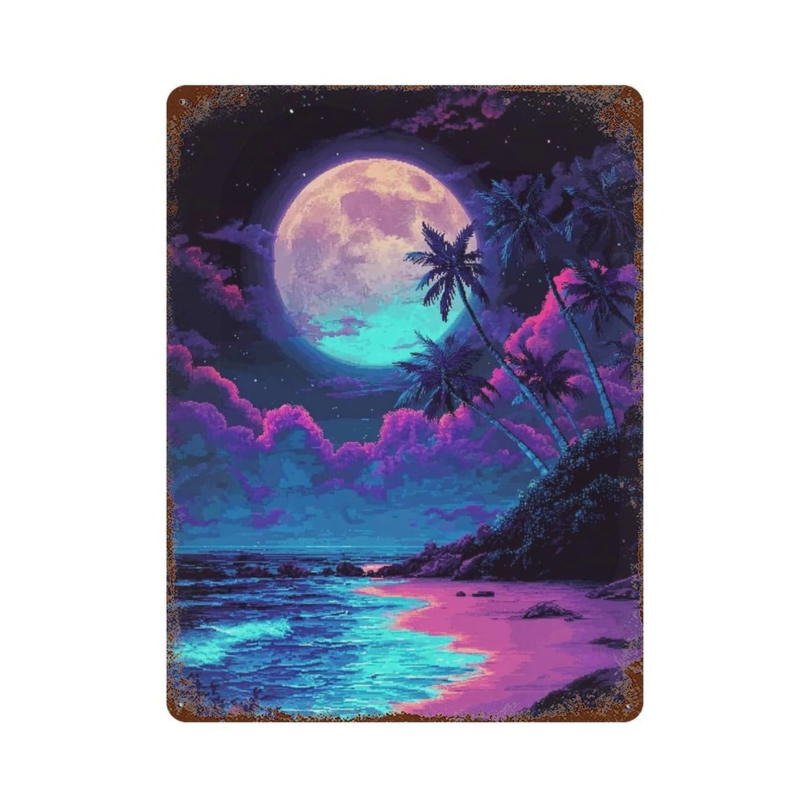 Vintage Rust Metal Sign Neon Moonlit Beach Scene 15.7"x11.8", Industrial Home Decor for Farmhouse, Kitchen And Entryway Decor