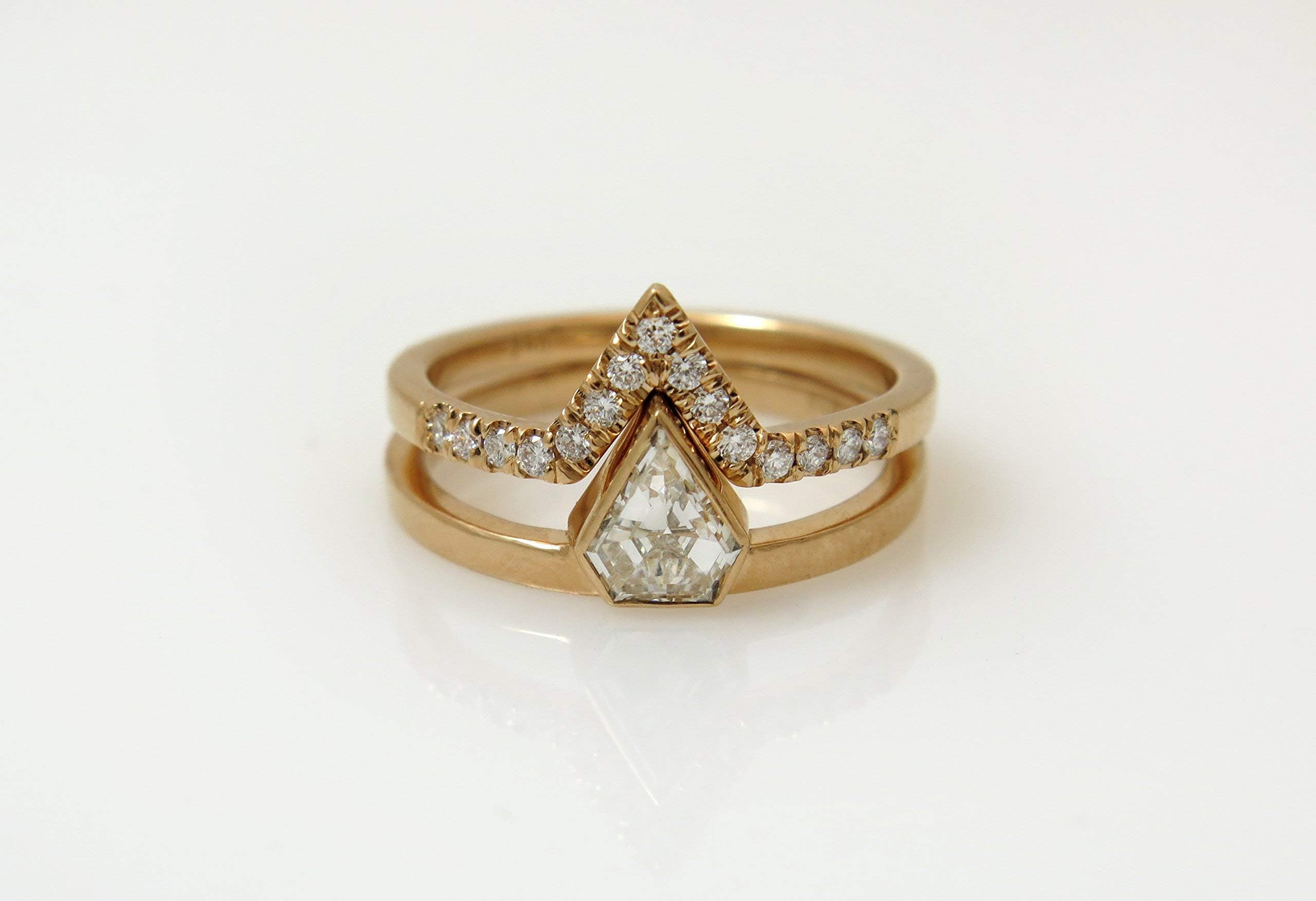 Diamond Engagement Ring Set, Modern Geometric Pave 0.73 Ct Diamond Rings, Handmade of Solid 18k Yellow, White or Rose Gold, Fine Jewelry