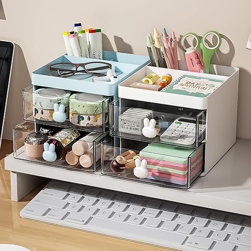 Miniatura 3 de Marbrasse Organizador de escritorio pequeño con cajón, caja de almacenamiento multifuncional para bolígrafos y lápices, organizadores de escritorio