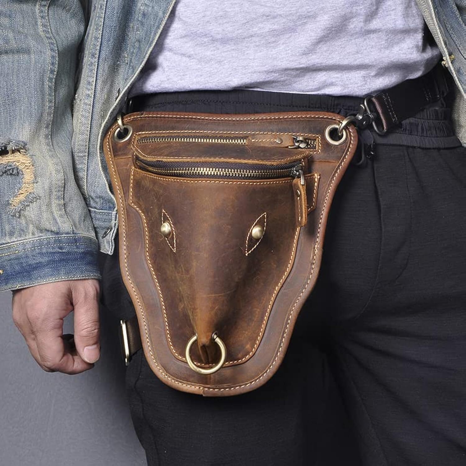 Marsupio Gamba Moto Borsa Da Gamba, Coscia In Vera Pelle Uomo Design Casual Marrone Classico Spallacci Pantaloni Viaggio Moda Cintura Borse(Dark Brown)