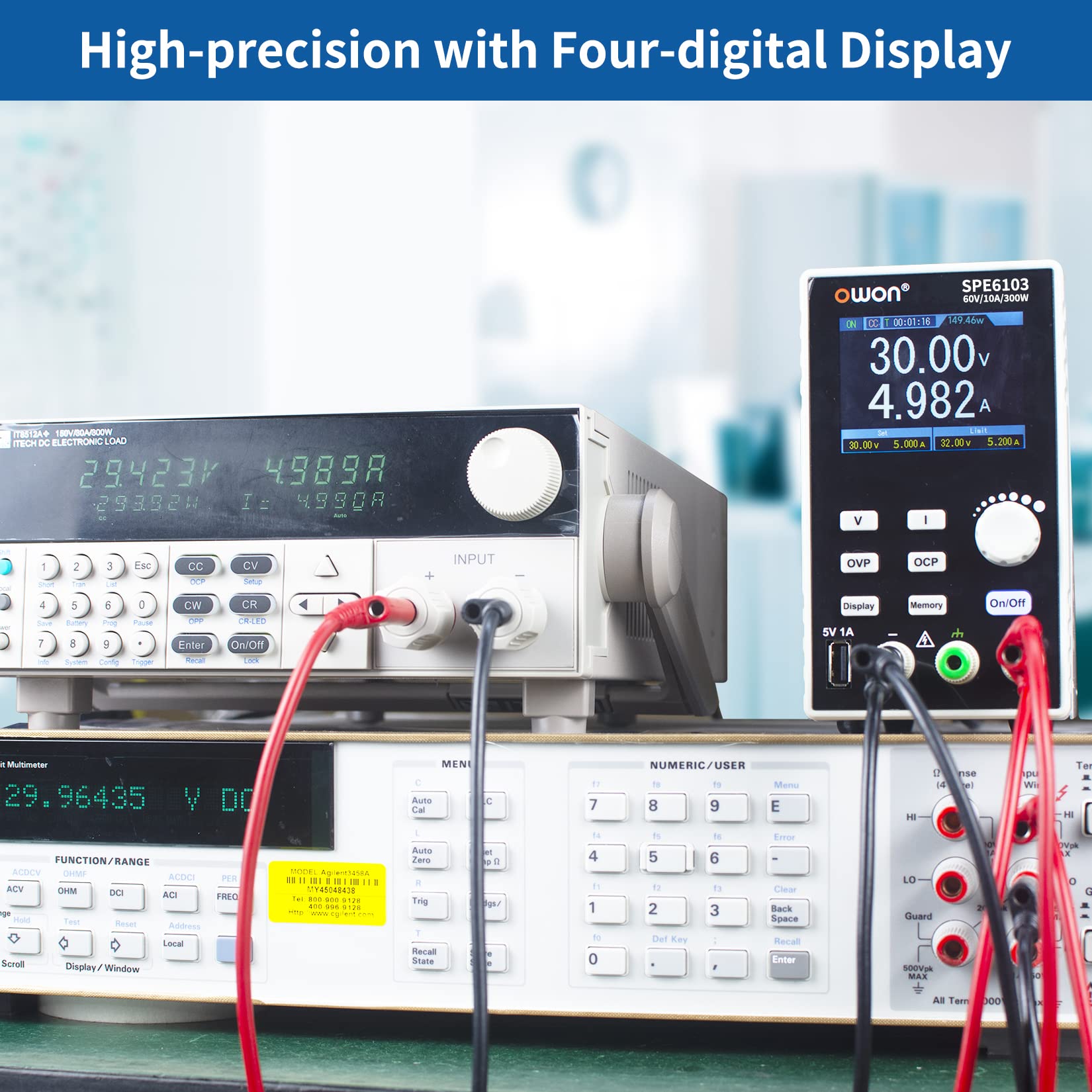 OWON SPE6103 Fuente de alimentación de CC programable, 300 W, 60 V/10 A, protección múltiple 4 dígitos de Alta precisión, Pantalla LCD TFT de 2,8 Pulgadas con Puerto USB
