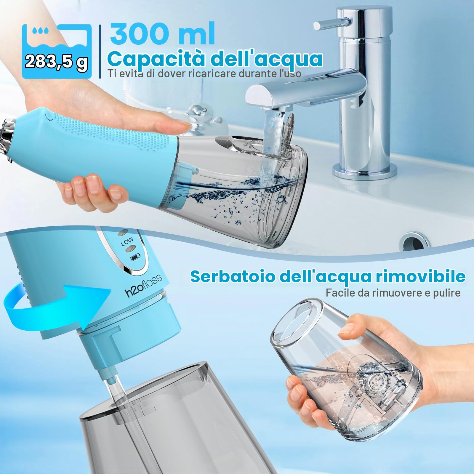 H2ofloss Idropulsore dentale portatile senza fili, 5 modalità IPX7, impermeabile, idropulsore orale ricaricabile da 300 ml, per la pulizia dei denti, blu cielo
