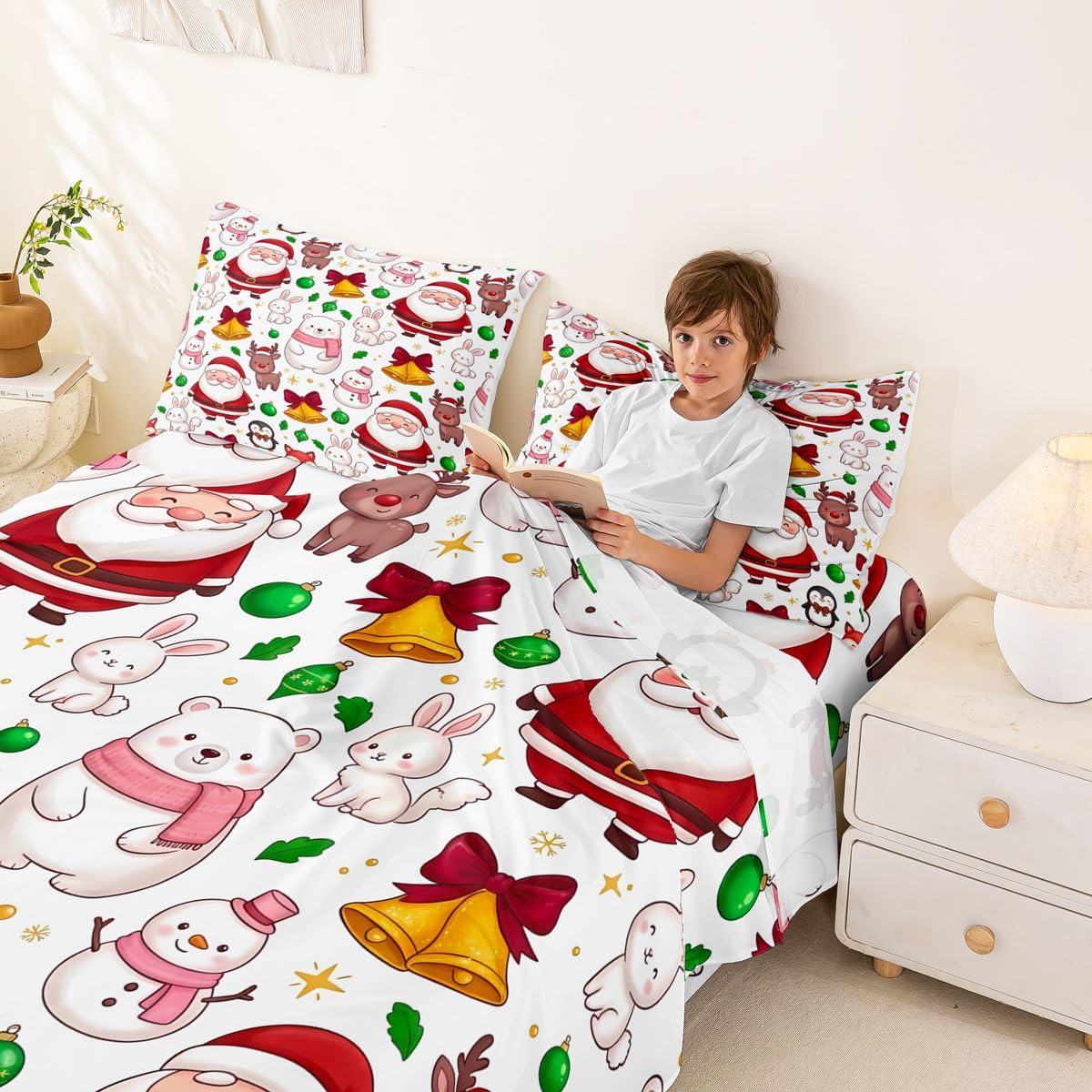 Juego de sábanas navideñas con diseño de campanas navideñas con 2 fundas de almohada, 4 fundas de almohada, 4 piezas, cama completa