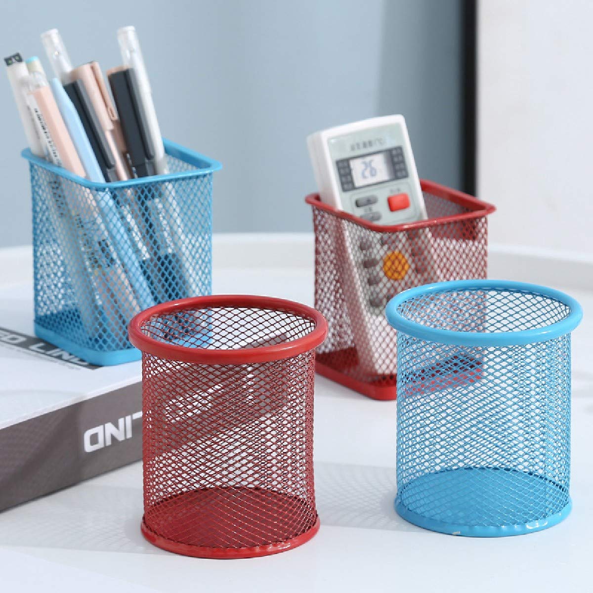 SwissHome Mesh Pen Stand, Pen Holder Round Shape Pencil Container Multipurpose Metal Hollow Out Desktop Storage Organizer for Student Stationery Office Supplies (Pack of-1, Sky Blue) 2