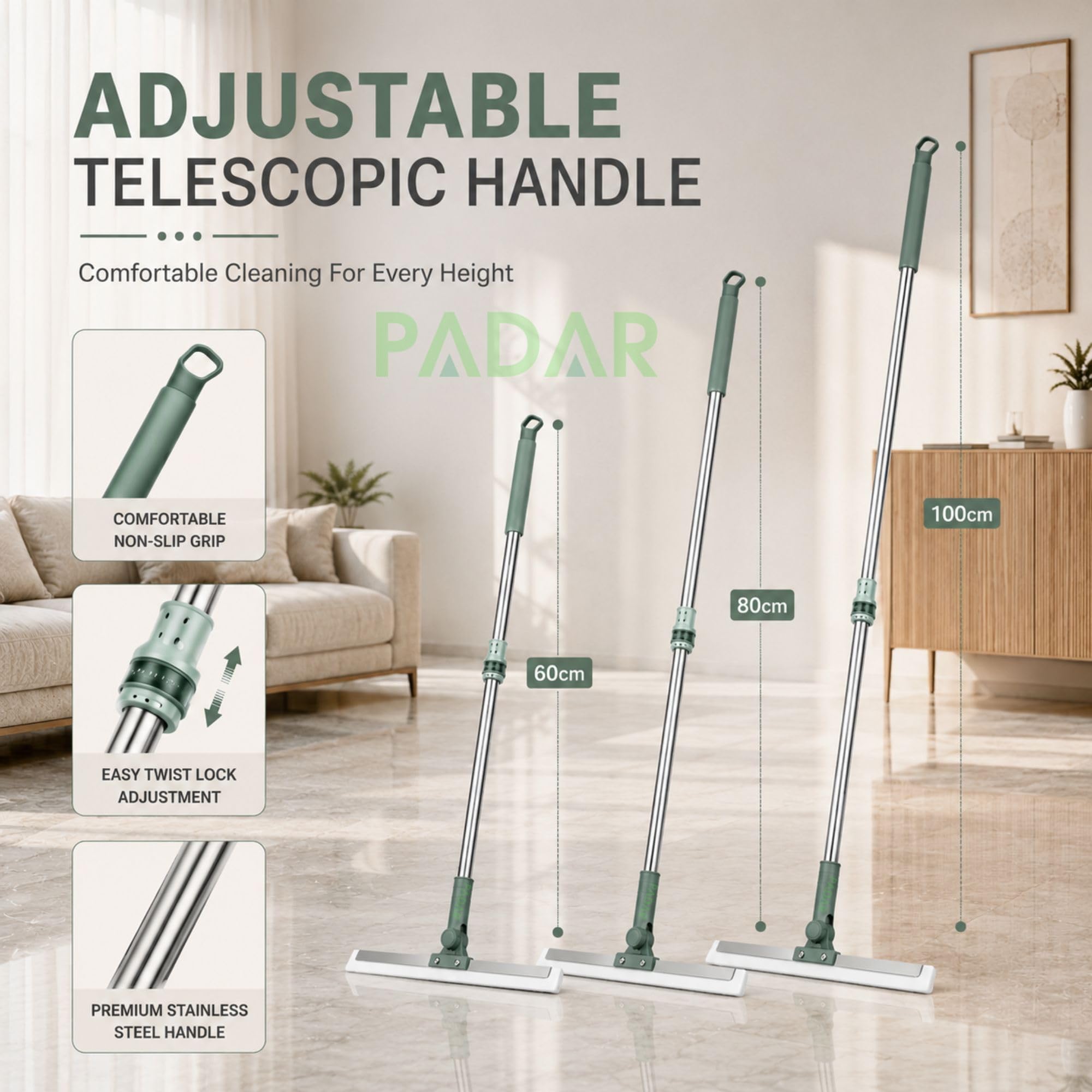 PADAR Magic Broom Sweeper for Floor Cleaning – Multifunctional Silicone Wiper Mop with Extendable Handle – Wet & Dry Use – Bathroom Floor Wiper & Window Squeegee Viper for Home(Multicolor) 2