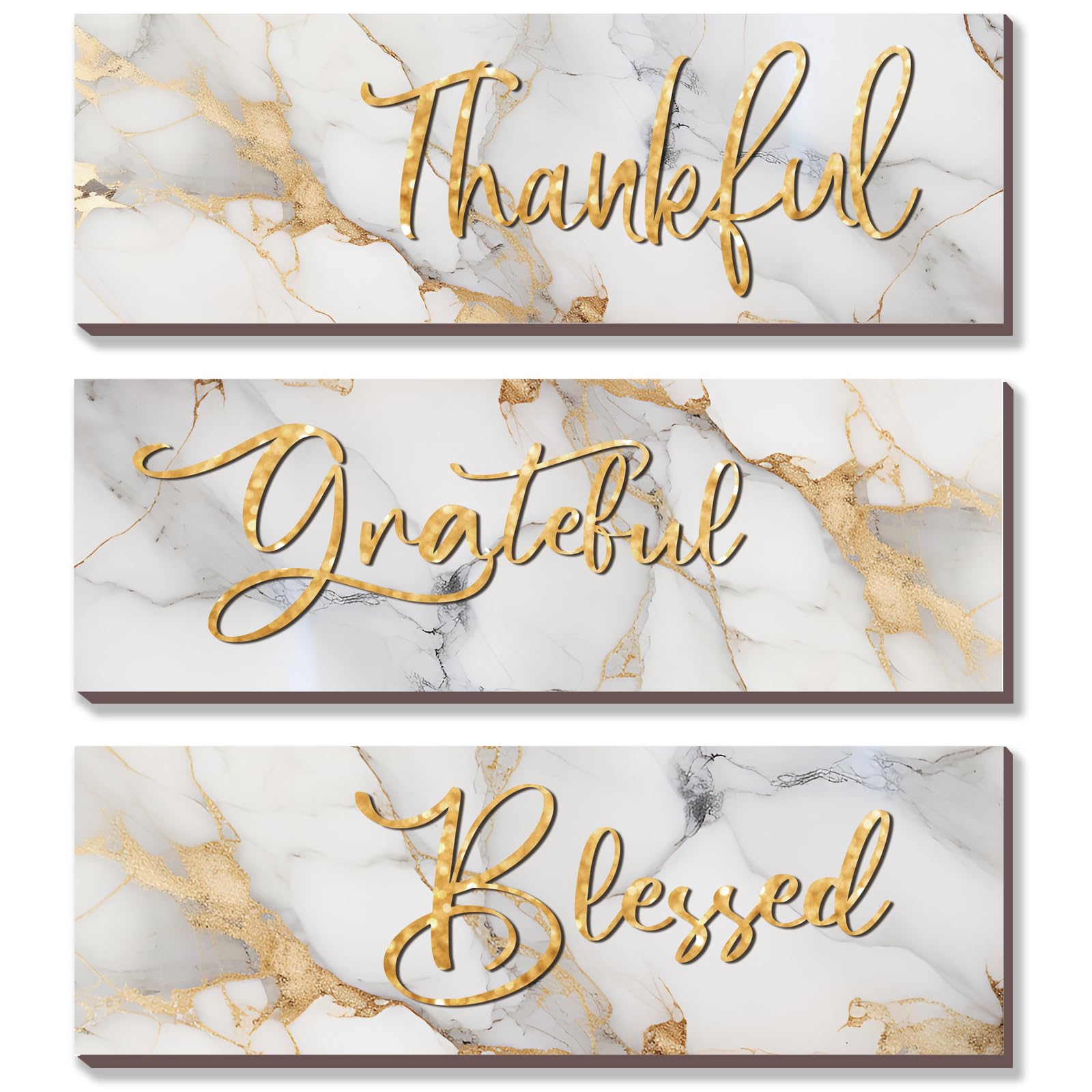 ONIZHITY 3Pcs White and Gold Bathroom Decor White Gold Wall Decor Thankful Grateful Blessed Quote Marble Style Versatile Home Art for Motivation Girls Bedroom Living Room Office (12x4”)