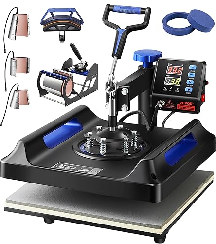 VEVOR 8 in 1 Heat Press Machine 15x15 Inch, 360° Swing Away Shirt Press Machine - Digital Professional Heat Transfer Tshirt Press Machine, Sublimation Heat Press for T Shirts Hat Cap Mug Plate Blue