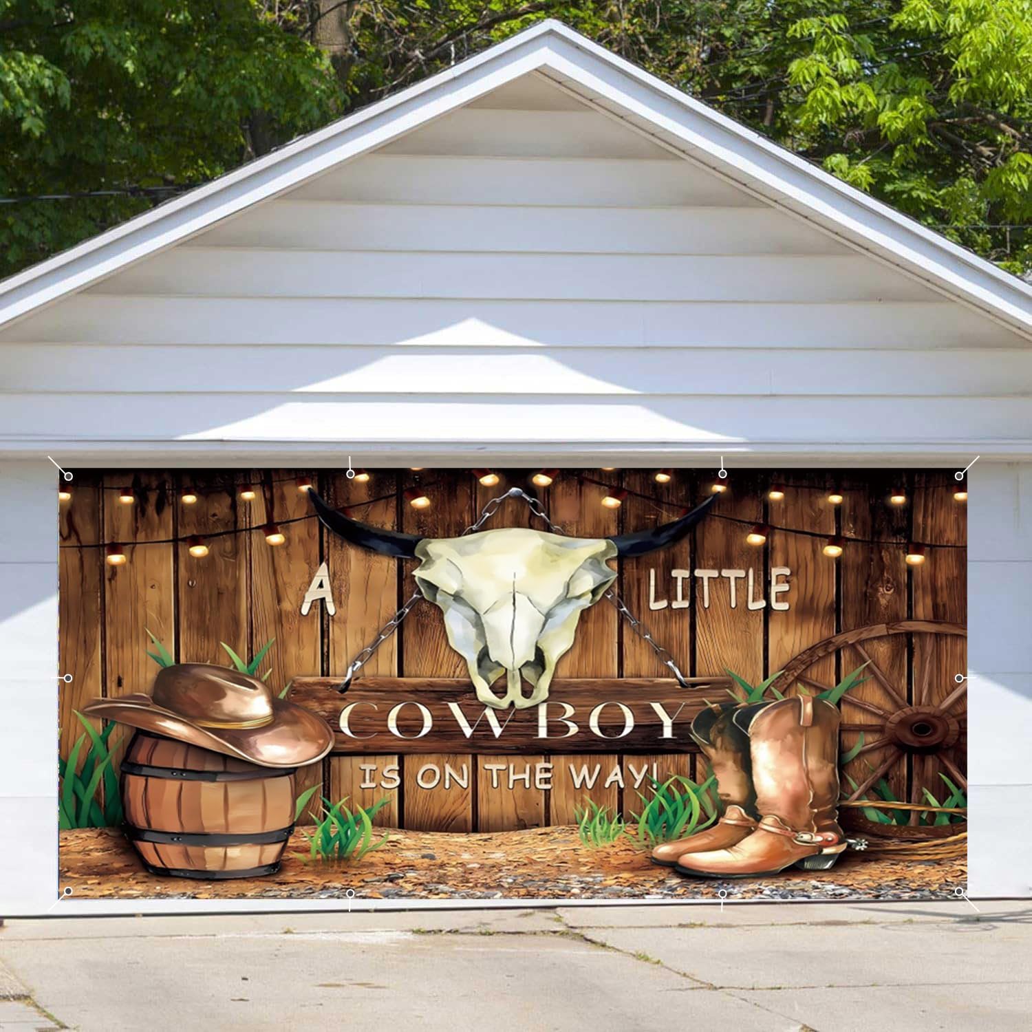 7x16ft Large Western Cowboy Garage Door Banner Decorations Backdrop Wild West Wooden House Garage Door Decor Photography Cask Cowboy Boots Western Theme Party Outdoor Garage Door Decor Banner Cover