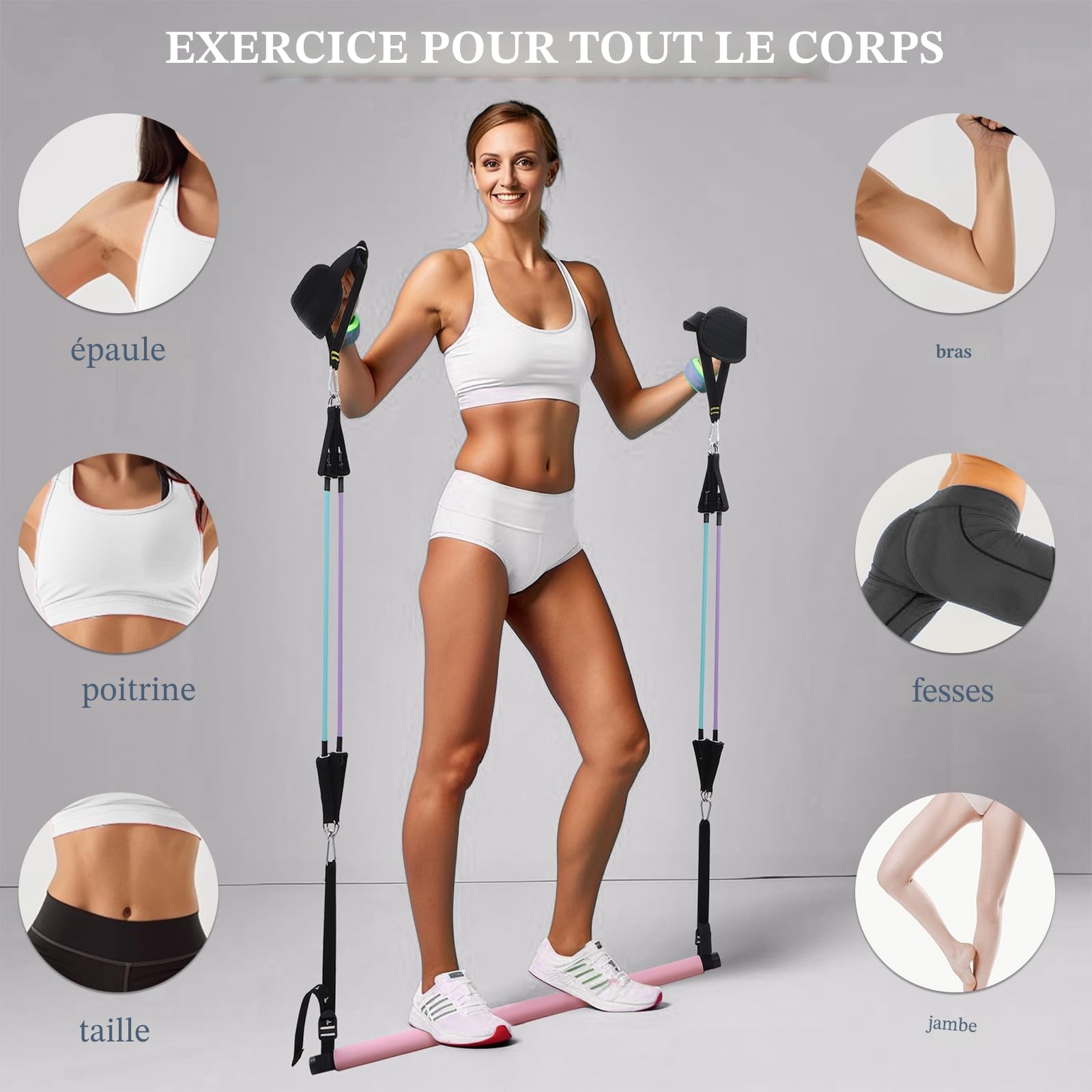 Kit Barre de Pilates avec 6 Bandes de Résistance Élastique, Musculation pour Homme et Femme, Yoga Fitness