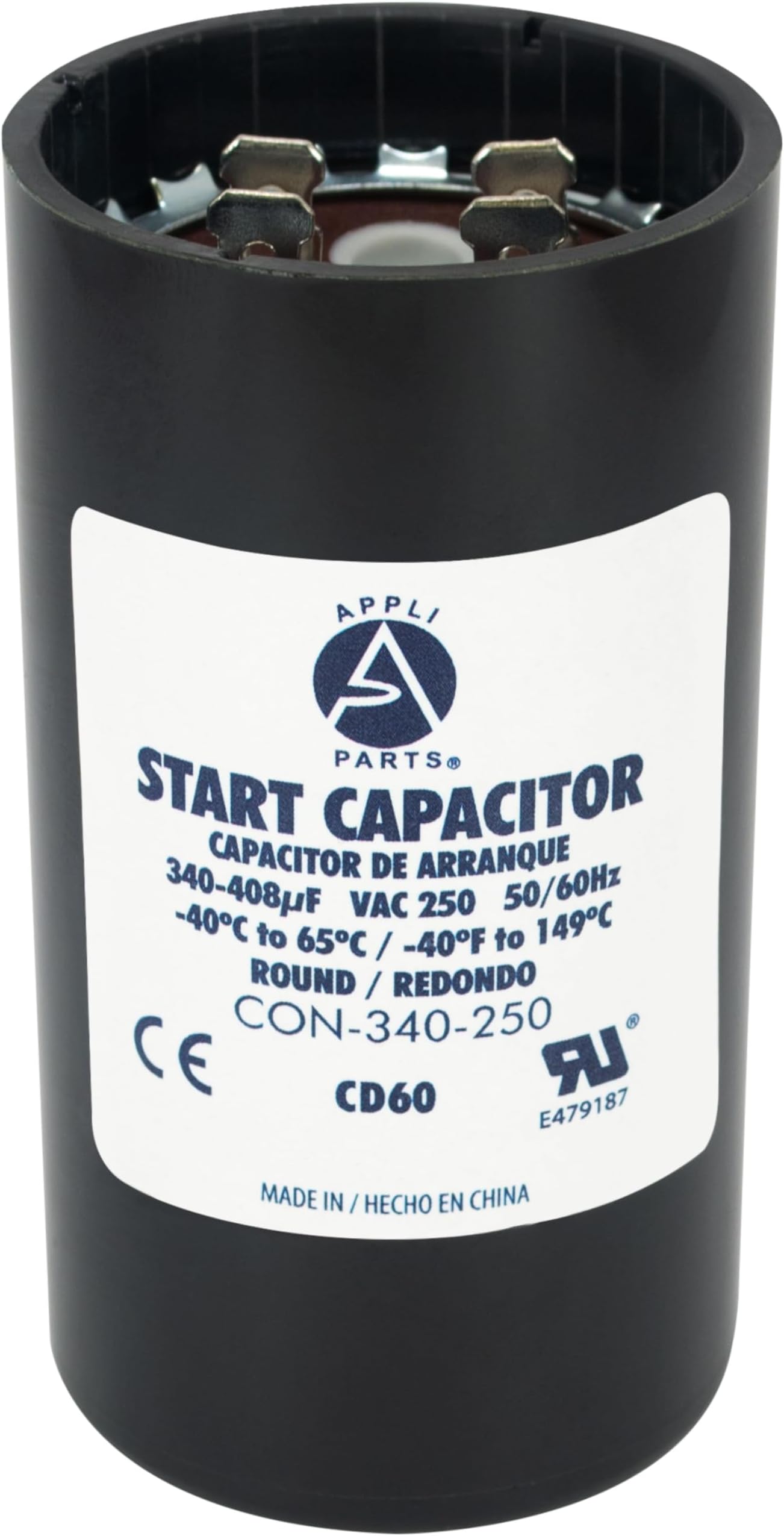 Appli Parts CON-400-250 Motor Start Capacitor 400-480 MFD uF, 250 VAC. Universal for Electric Motor Applications, 1.75 in Wide, 3.38 in Height
