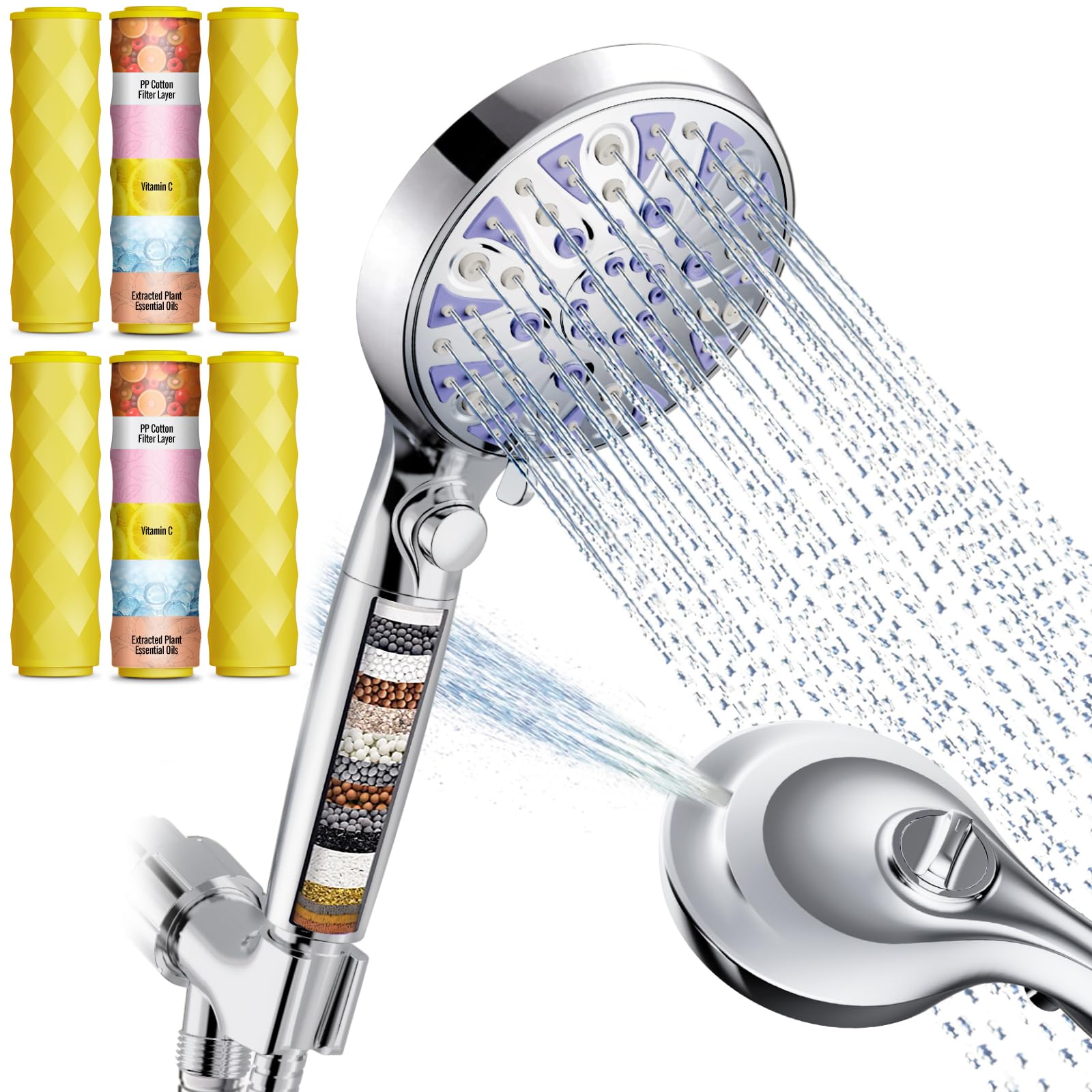 High Pressure 10-mode Detachable Shower Head & 6 Pack Vitamin C Pieces Replacement Shower Filter