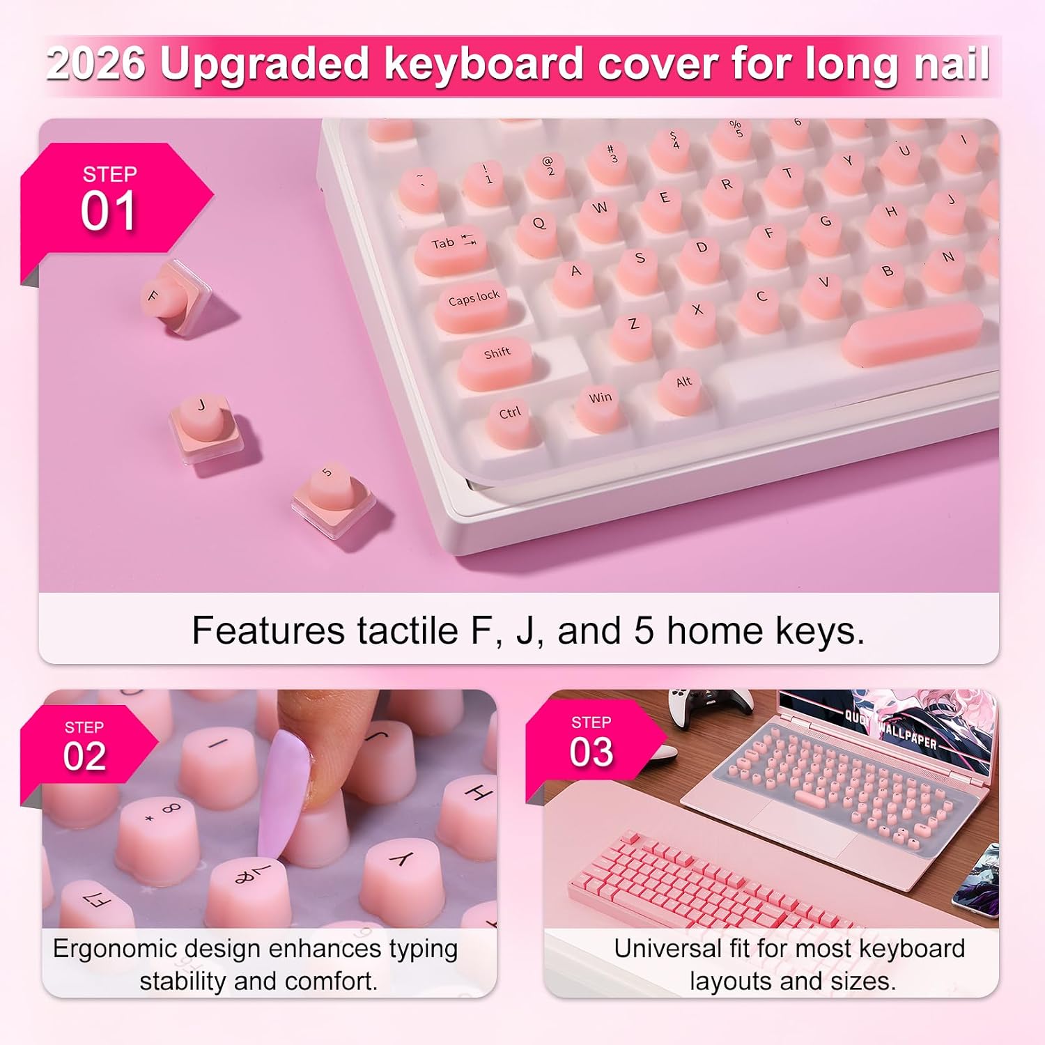 Universal Laptop Keyboard Cover for Long Nails -Bonus a DIY Film, 119 Pcs Raised Keyboard Stickers to Protect Long Nails for Mac/HP/DELL/Lenovo/Acer/Asus/Samsung (Pink, 13.3")