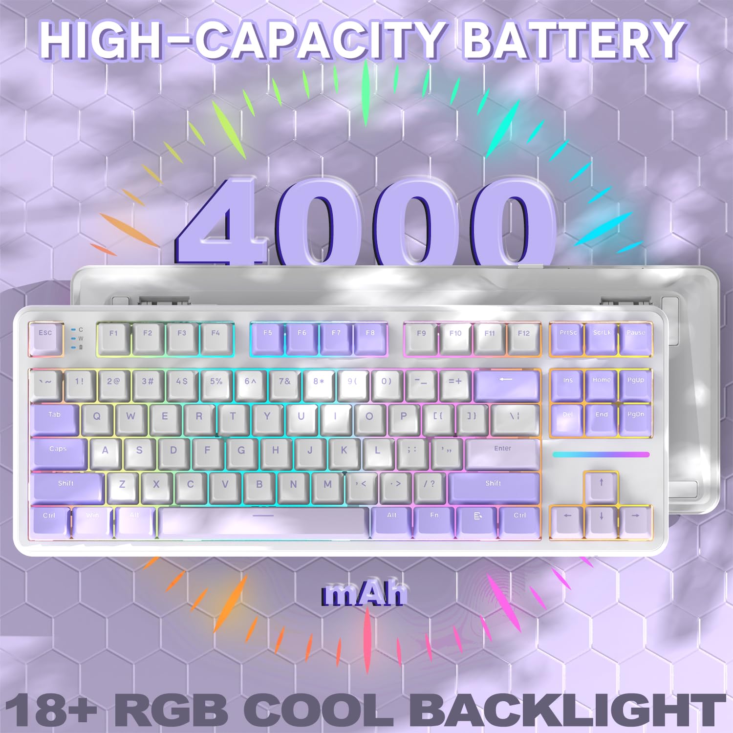 ATTACK SHARK X87 80% bezprzewodowa mechaniczna klawiatura do gier,BT5.0/2.4G/USB-C uszczelka Hot-Swap,oświetlenie RGB,4000mAh,przełącznik liniowy,nasadka klawiszy PBT do komputerów PC/MAC-Fioletowa