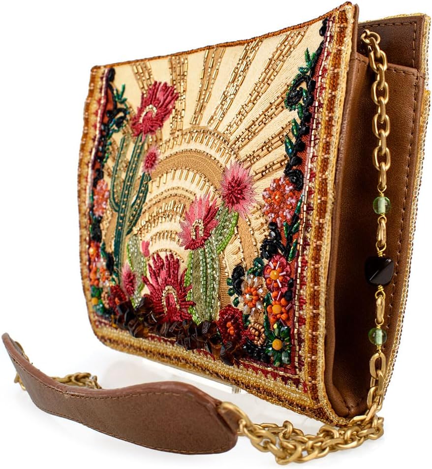 Mary Frances Desert Sunrise Beaded Crossbody Handbag – Removable Chain Strap Evening Clutch with Zipper Closure for Travel, Weddings, Parties – Multicolor