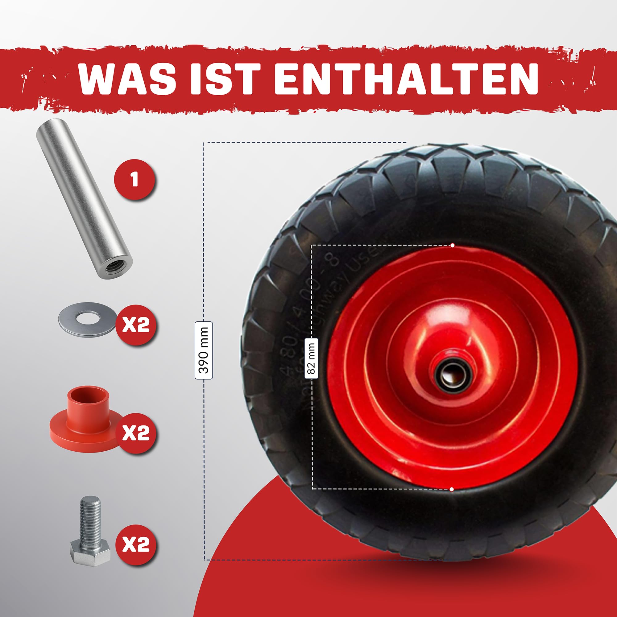 Schubkarrenrad Vollgummi 4.80/4.00-8 | PU Pannensicher | Universal Reifen für Schubkarre | Stahlfelge 200 kg Traglast | Laufruhig & Wartungsfrei | inkl. Achse & Schutzhülsen| Ersatzrad für Karren Wage