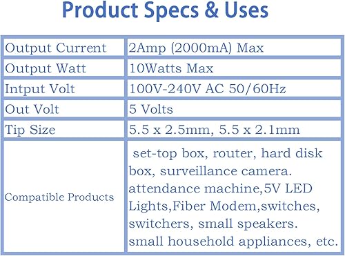 Miniatura 5 de Adaptador de corriente de 5 V 2 A con cable de alimentación de CC, convertidor de 100-240 V CA a CC 5 V 2 Amp, enchufe de 0.217 x 0.098 in0.083 in