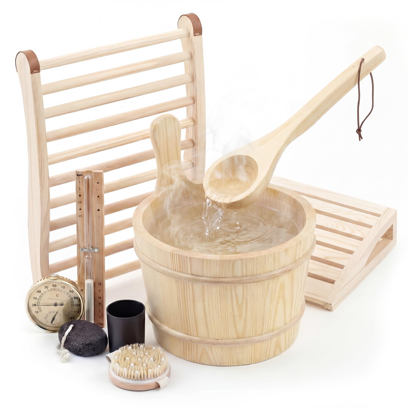 Leinuosen 9 Pcs Natural Wood Sauna Accessories Kit - Home Sauna Set with Pillow, Backrest, Bucket &amp; Ladle, Thermo-Hygrometer, Hourglass, Body Brush, Pumice Stone &amp; Aromatherapy Cup