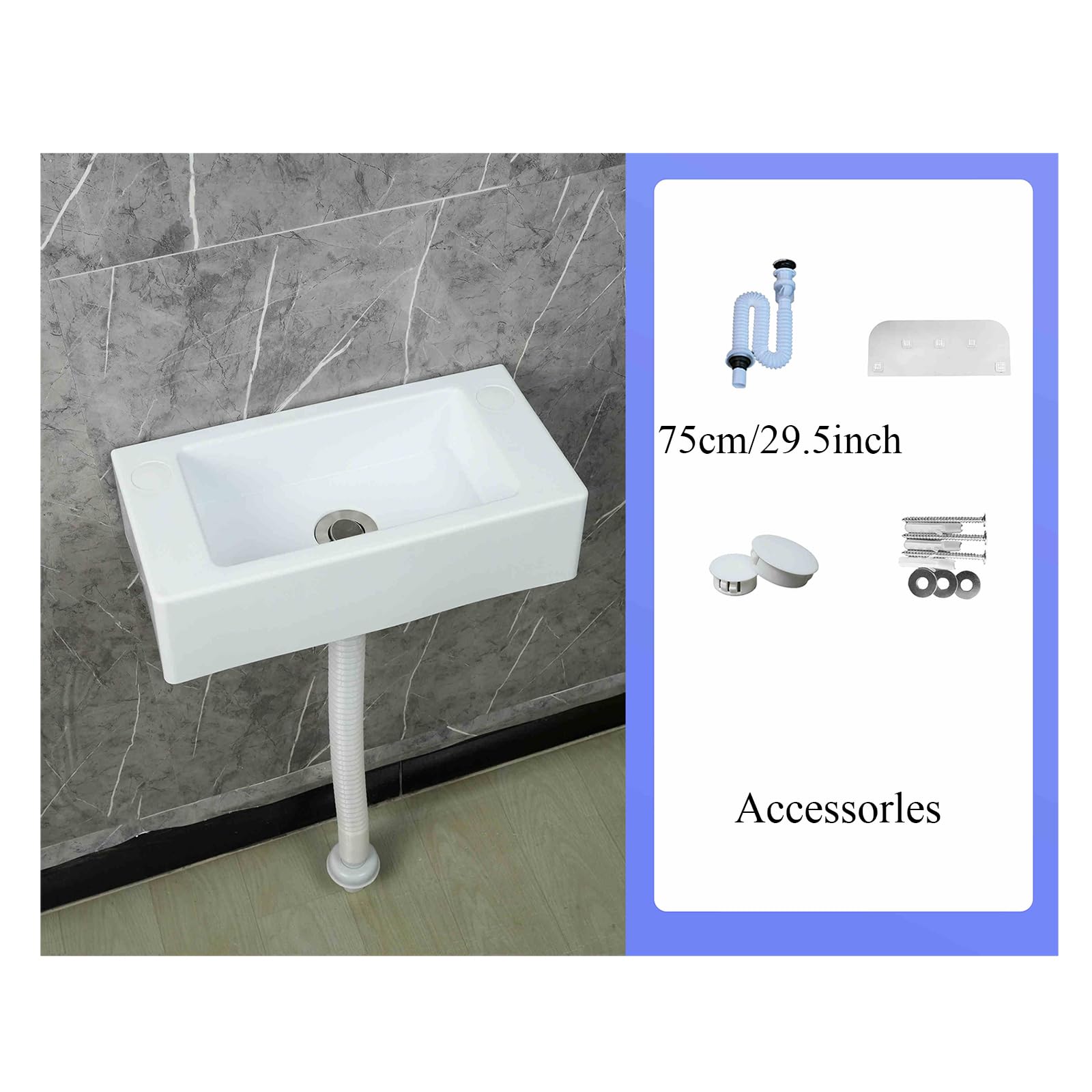 Lavabo de Pared de Resina Blanco 40x20x11cm/15.7x7.9x4.3inch, Tamaño Pequeño con Kit de Desagüe para Aseo de Invitados, Lavadero Garaje
