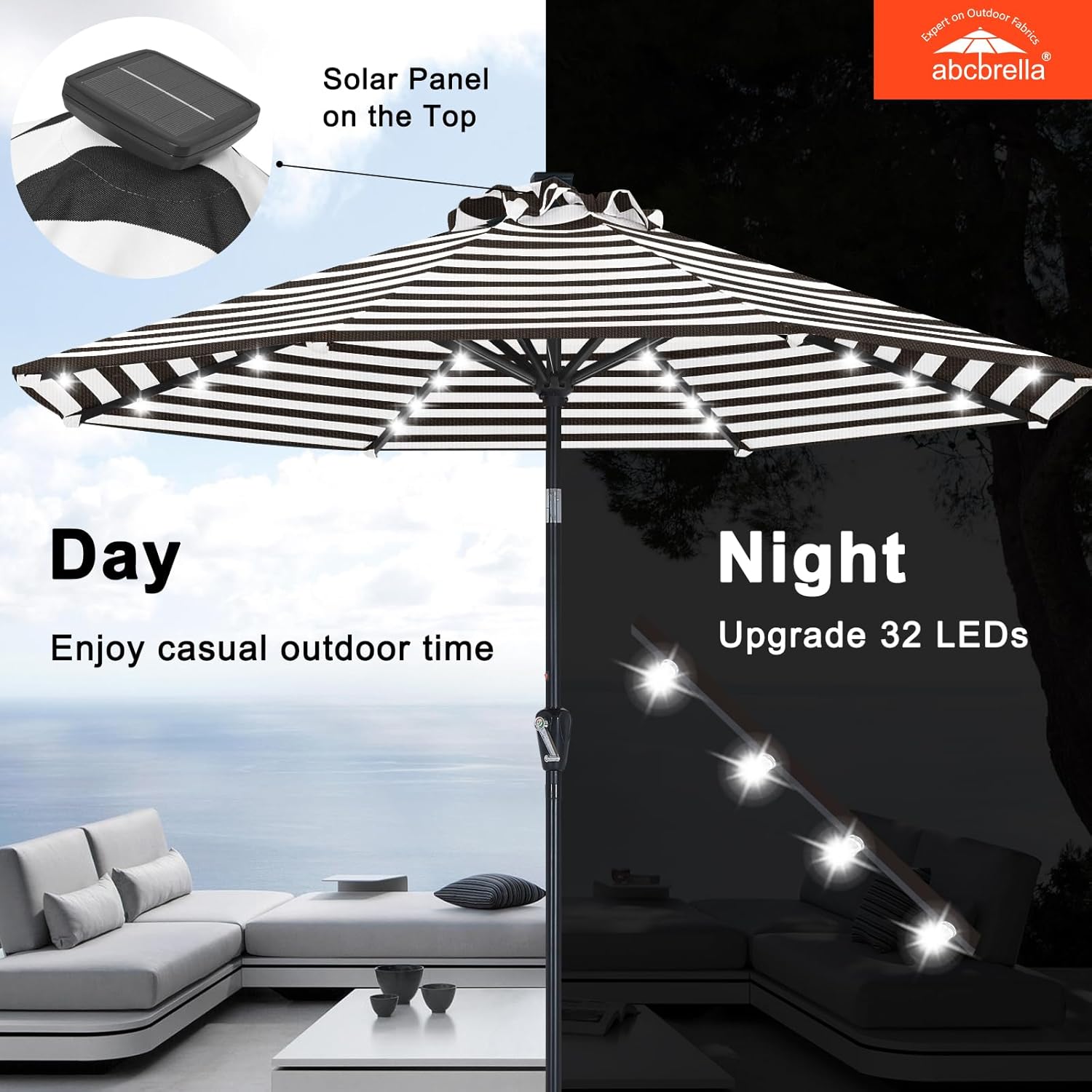 ABCCANOPY OLEFIN® 5-Year No Fading Patio Umbrella with Solar Lights (Black Stripe)