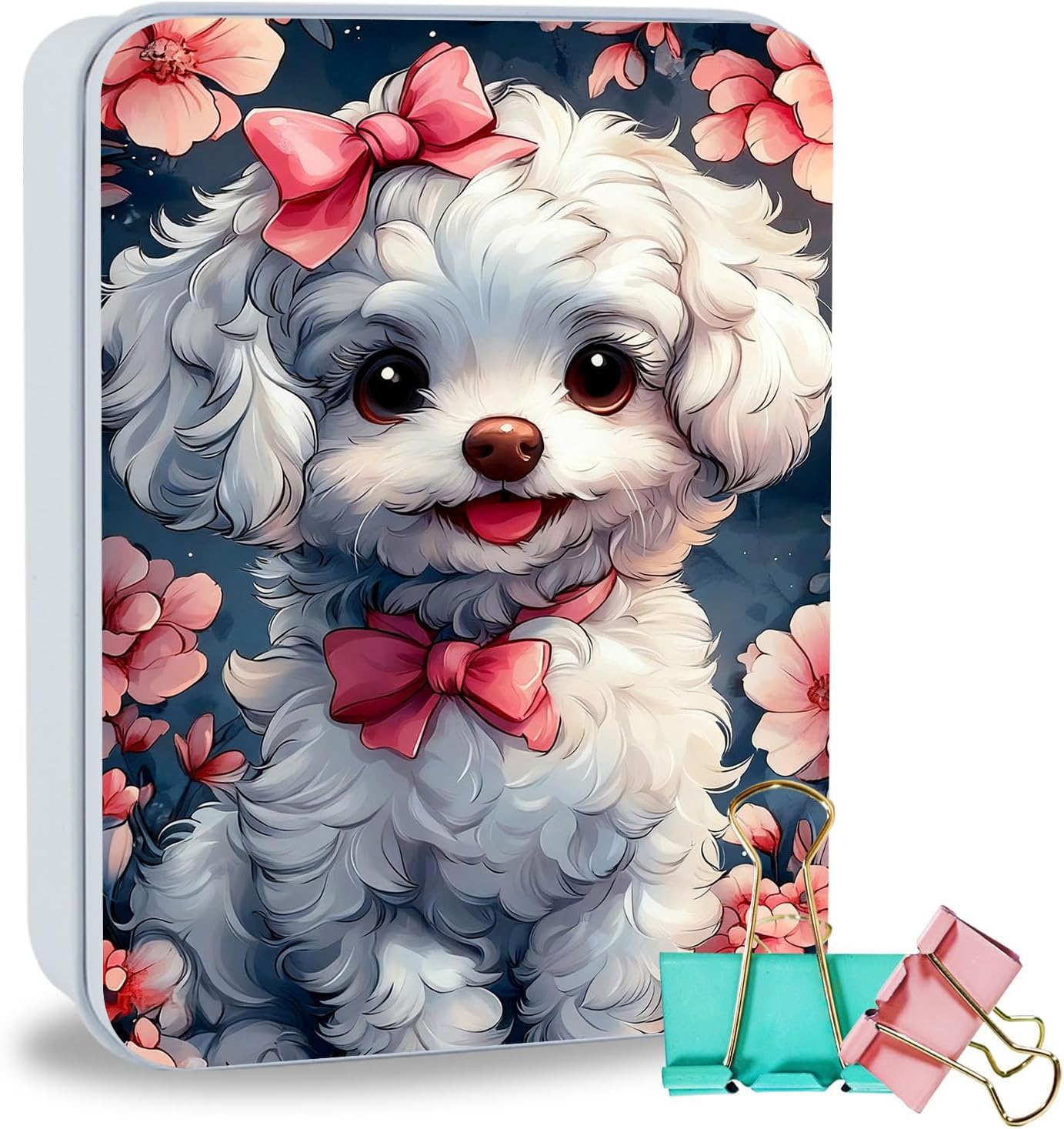 Metal Tin Box Sturdy Metal Storage Box with Lid, White Puppy with Pink Bows Flower Large Container Holder for TCG Cards, Jewelry, Cookies, Car Keys and More, Tin Containers for Gift