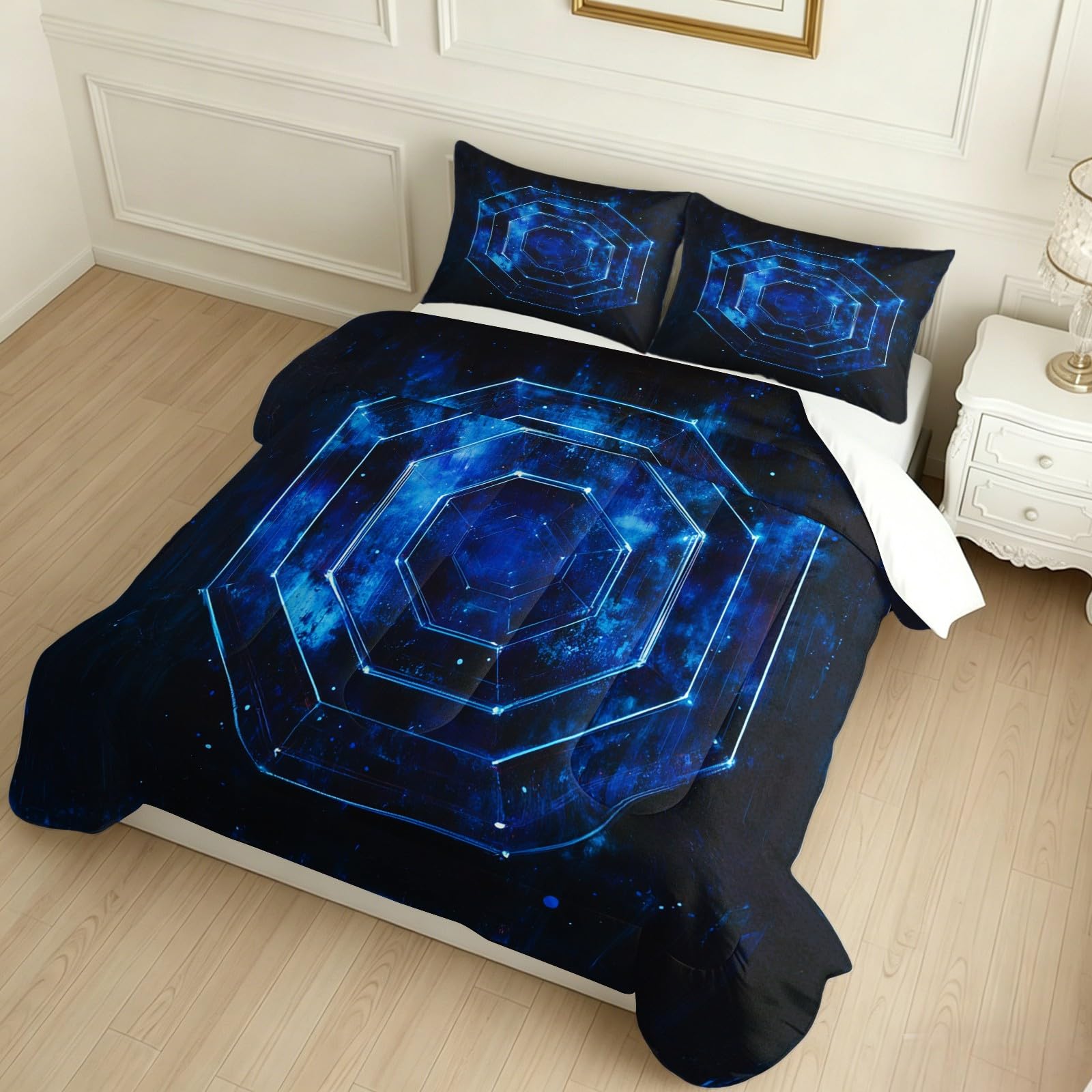 Edredón Matrimonio 4 Estaciones Patrones geométricos Abstractos Estampado 200 x 200 cm Negro Lavable, 2 Fundas de Almohada 50x75 cm