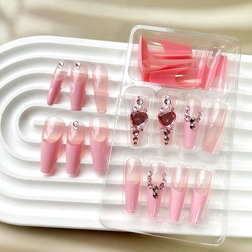 Miniatura 5 de 24 uñas postizas de color rosa francés uñas largas a presión uñas postizas de ataúd brillantes con diseño de diamantes de imitación de corazón 3D