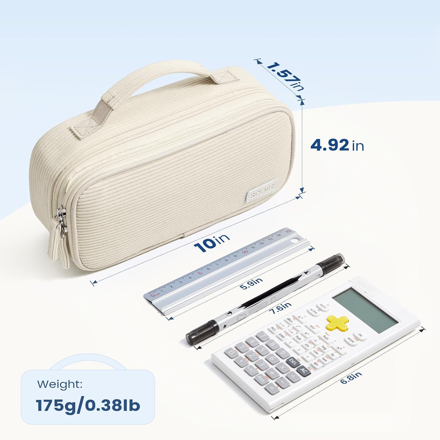 Sooez Large Pencil Case Pouch, Soft Corduroy Pencil Bag with Handle, Cute Pen Case, 5 Compartments, Wide Opening Pen Pouch Organizer with Zipper, Aesthetic School Supplies for Girls Women, Beige