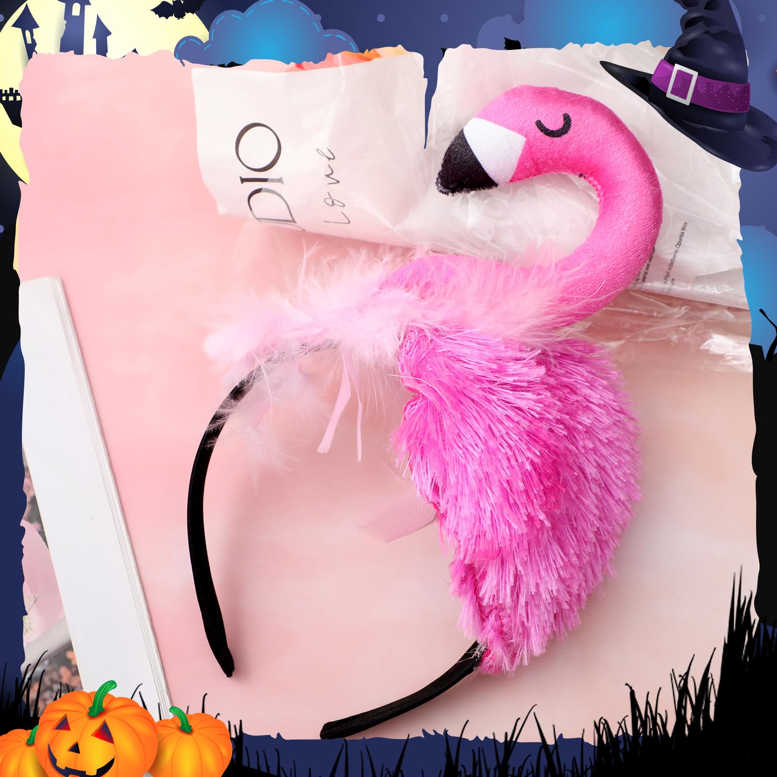 Jadive Plush Flamingo Headband Realistic Animal Flamingo Headband Halloween Funny Headwear Photo Props for Halloween Christmas Makeup Cosplay Themed Party Headpiece - Image 3