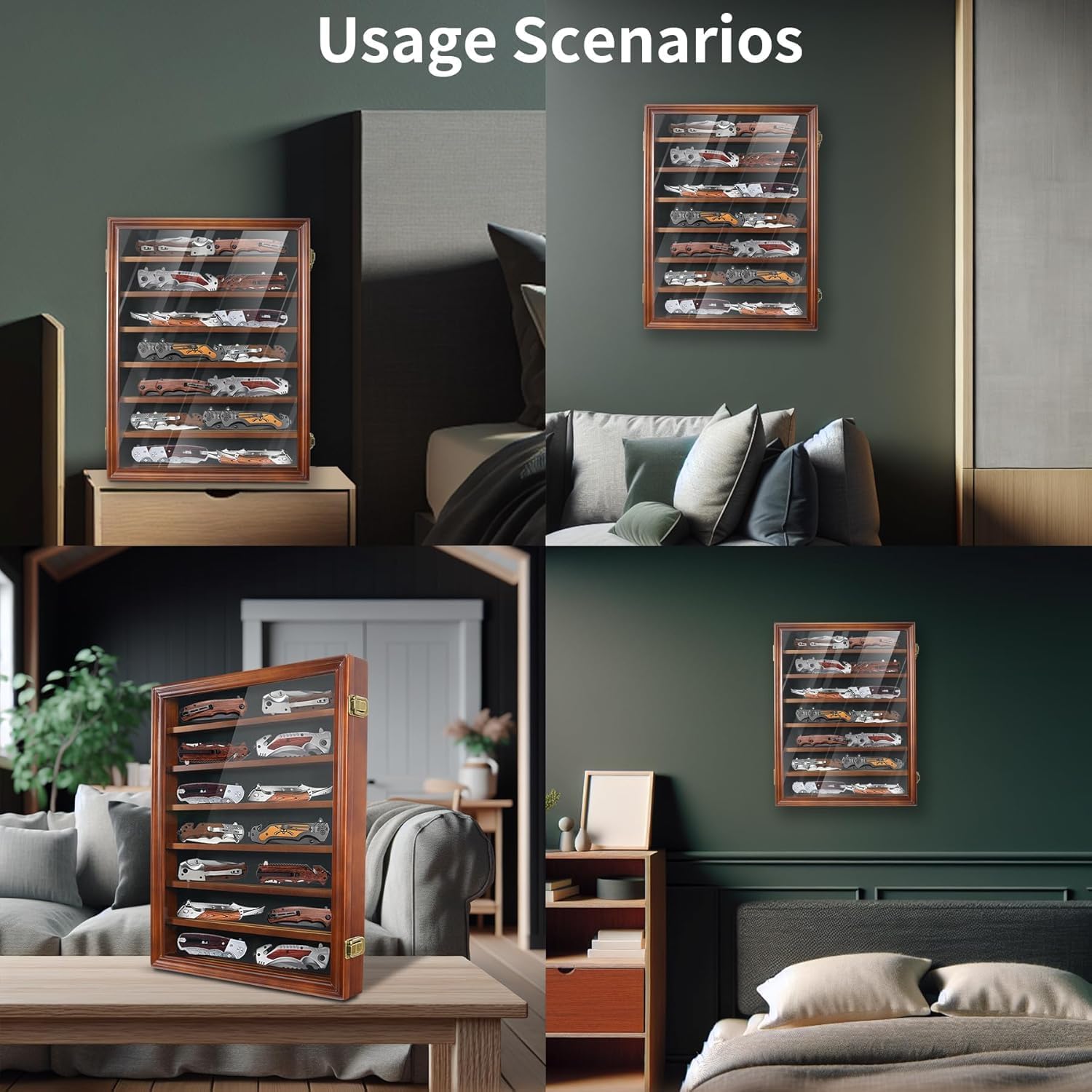 Knife Display Case for Collections, Pocket Knife Display Case with HD Tempered Glass, Lockable Storage Cases with Removable Shelves, Wall-Mounted 7-Layer Wood Cabinet, Walnut