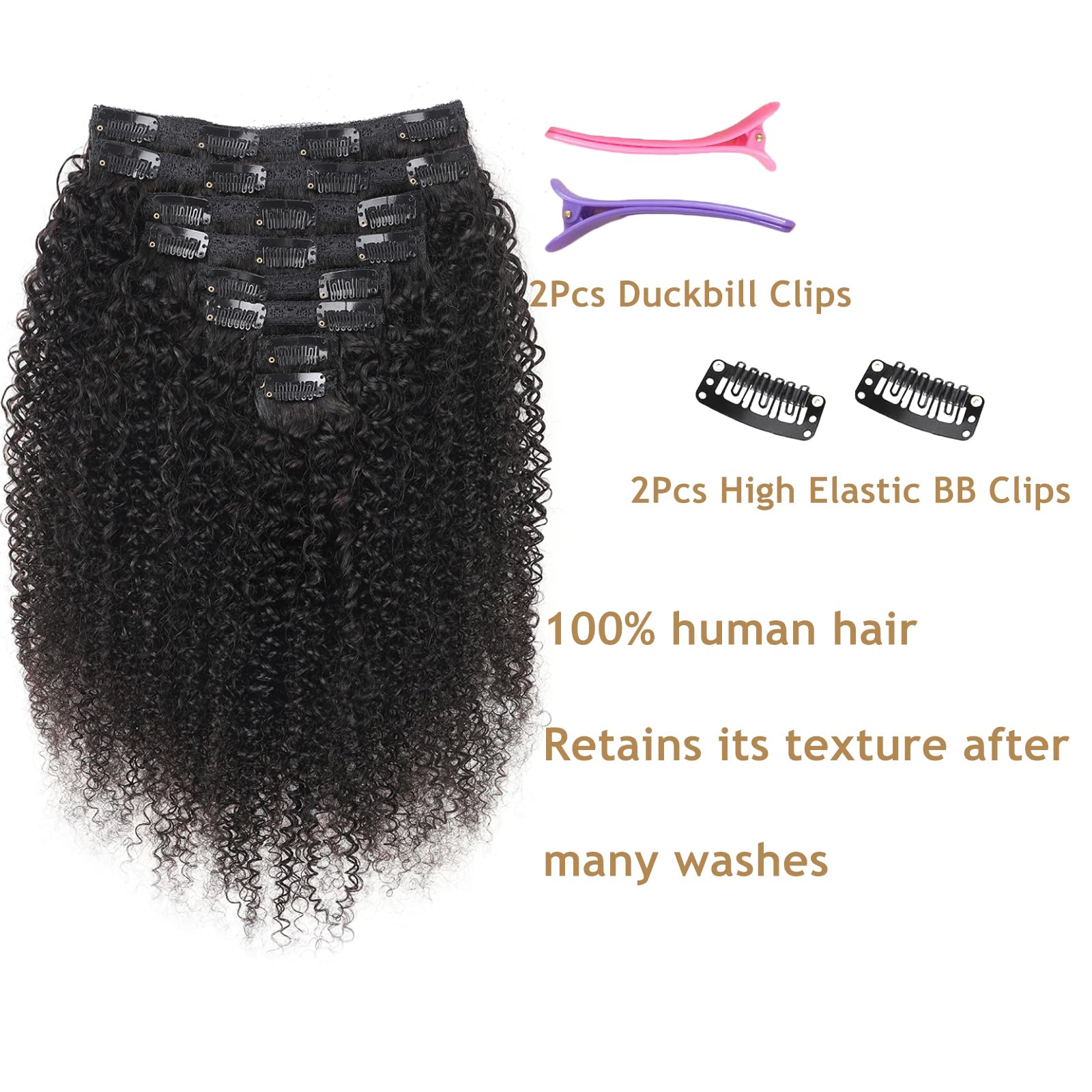 Kinky-Curly Human Hair Clips Extension a Clip Cheveux Naturel 120g-8pcs Invisibles à Clip Human Hair Clips ins Perruques Pour Femmes Noires Clip Extension Brazilian Virgin Cheveux 12"