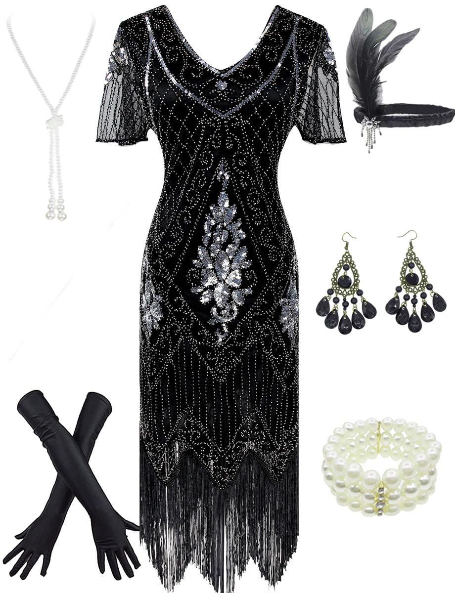 Women's 1920s Gatsby Inspired Sequin Beads Long Fringe Flapper Dress w/Accessories Set