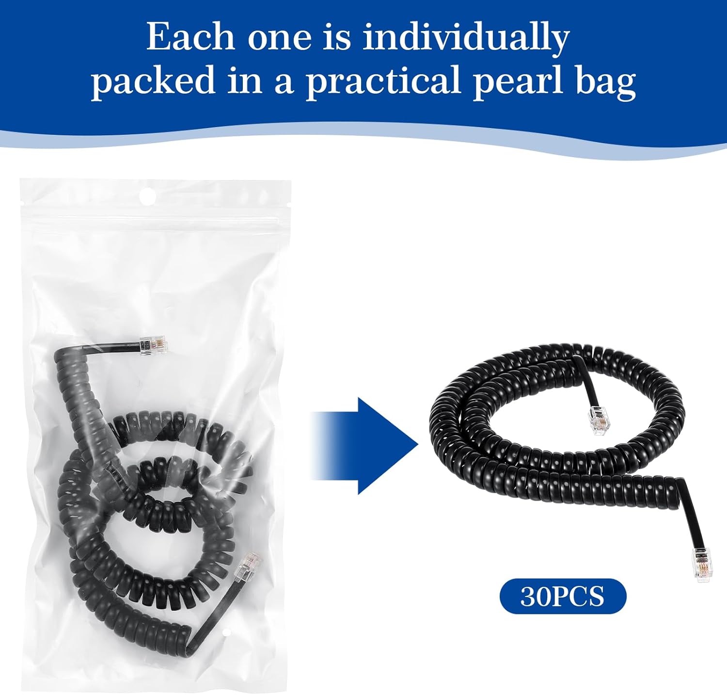 Kanayu 30 Pack Black Phone Handset Cord 12ft Telephone Cord for Landline Coiled Phone Wire Bulk for Use with All Landline Telephone Line Replacement Cable Accessory