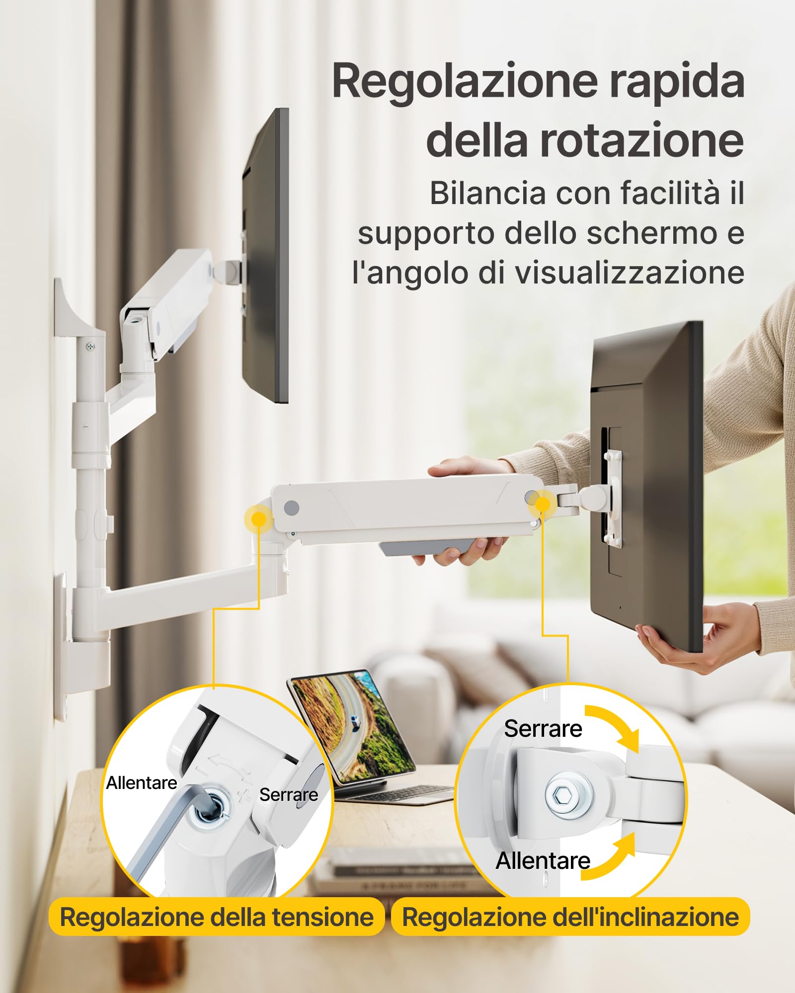 monTEK Supporto da parete per 2 monitor per schermi da 17-35 pollici, fino a 9 kg per braccio, inclinabile, girevole, regolabile in altezza, completamente mobile, VESA 75/100 mm, bianco