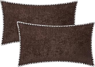 BRAWARM Throw Pillow Covers 12x20 Inches - Coffee Chenille Pillow Covers with Piping, Pack of 2 Solid Dyed Soft Chenille Pillow Cases for Couch Sofa Bed Home Decoration