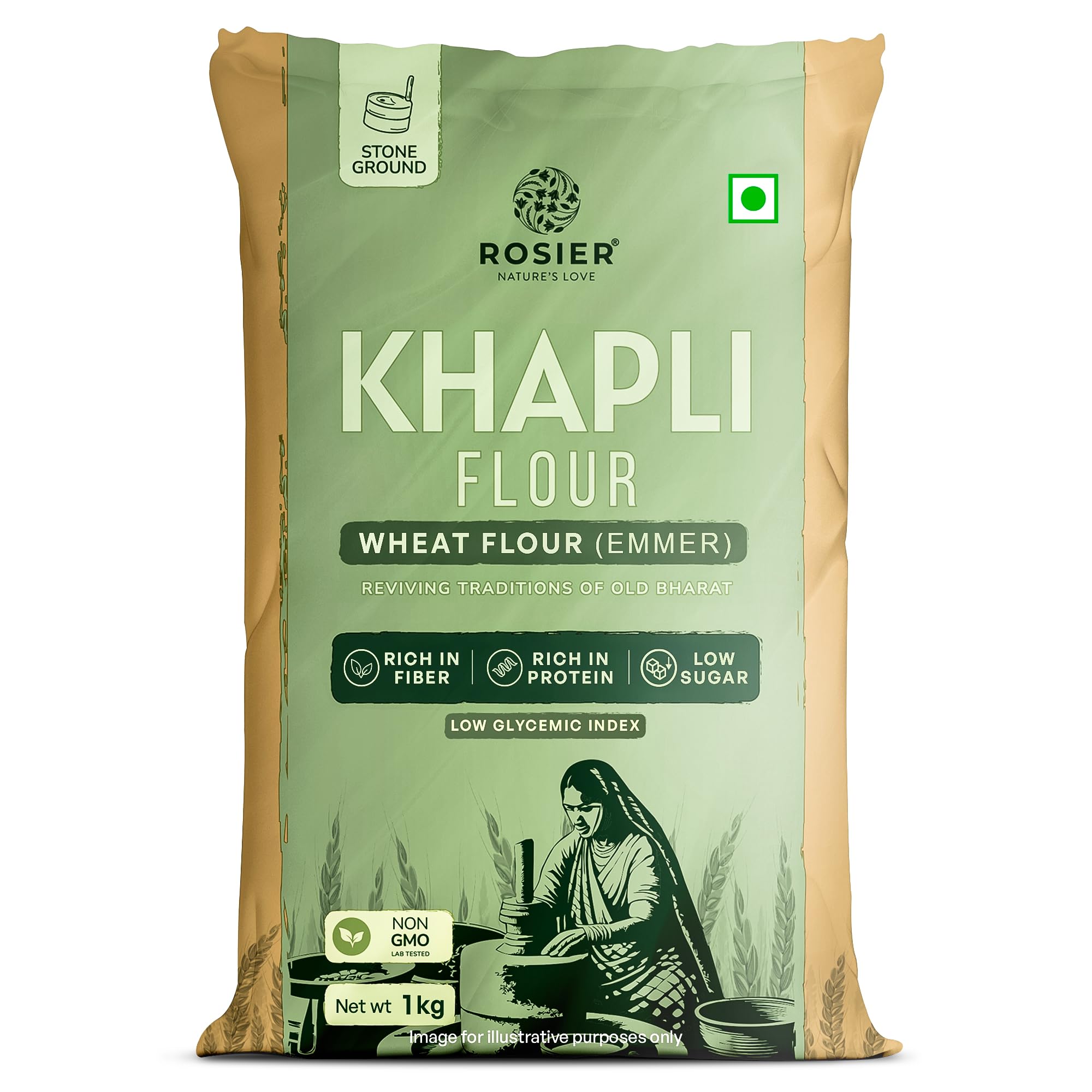 ROSIER khapli atta,Khapli Wheat Flour|1Kg (Pack of 1)|High Protein & Fiber|Easy Digestion|Stoneground Emmer Wheat Chakki Atta|Low Gluten Ancient Grain|Organic Atta|100% Natural|(Khapli Wheat Atta)
