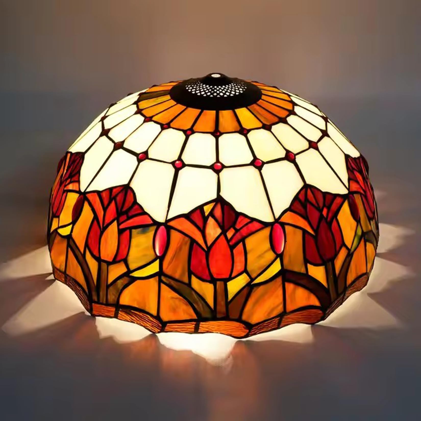 SaryEdge 16-Inch Tiffany Style Lampshades Replacement with Cap, Mediterranean Orange Red Tulip Stained Glass Lamp Shade Only for Desk Reading Lighting Floor Lamps Table Lamps，，