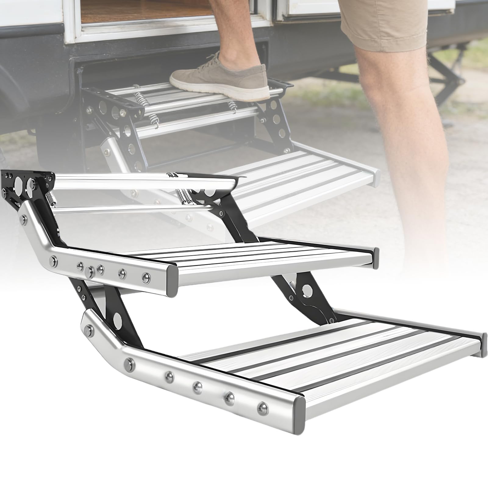 Wysuwane stopnie do kampera, nośność 150 kg, składane stopnie kempingowe ze stopu aluminium, antypoślizgowa konstrukcja, stopnie przyczepy kempingowej, 2 stopnie
