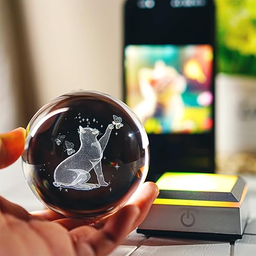 Miniatura 9 de ZEERSHEE Gato grabado con láser de vidrio 3D de 3.150 in con bola de cristal de mariposa con base LED, luz nocturna de gato, pisapapeles para