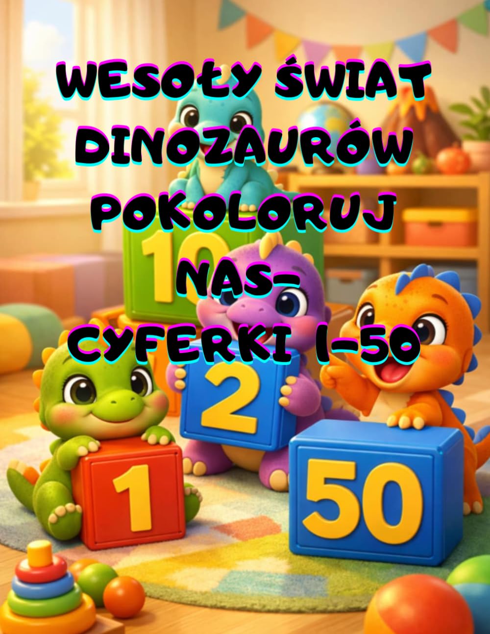 WESOLY ŚWIAT DINOZAURÓW POKOLORUJ NAS- CYFERKI 1-50 Kolorowanka Edukacyjna do Nauki Liczenia po Kolei | Duże Cyfry i Wesołe Dinozaury dla Dziewczynki i chłopca 4–8 lat: prezent, święta.