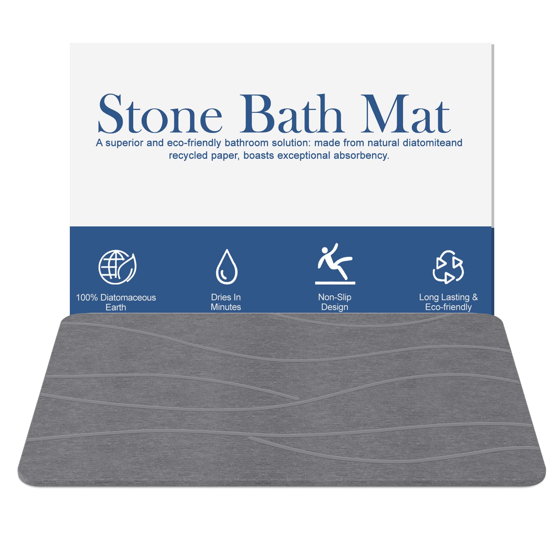 DAWNTREES Stone Bath Mat, Diatomaceous Earth Shower Mat, Ultra Absorbent, Fast Drying, Non-Slip Bathroom Floor Mat for Kitchen & Bath - 80x50 cm (Grey Wave) — image 1