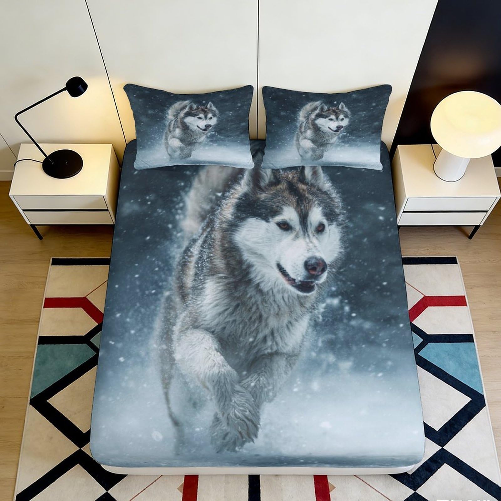 3D Printed Wolf Winter Fitted Sheet Microfiber Soft Breathable Husky Snow Mattress Cover for Bedroom Guest Room Decor 90x200x25cm